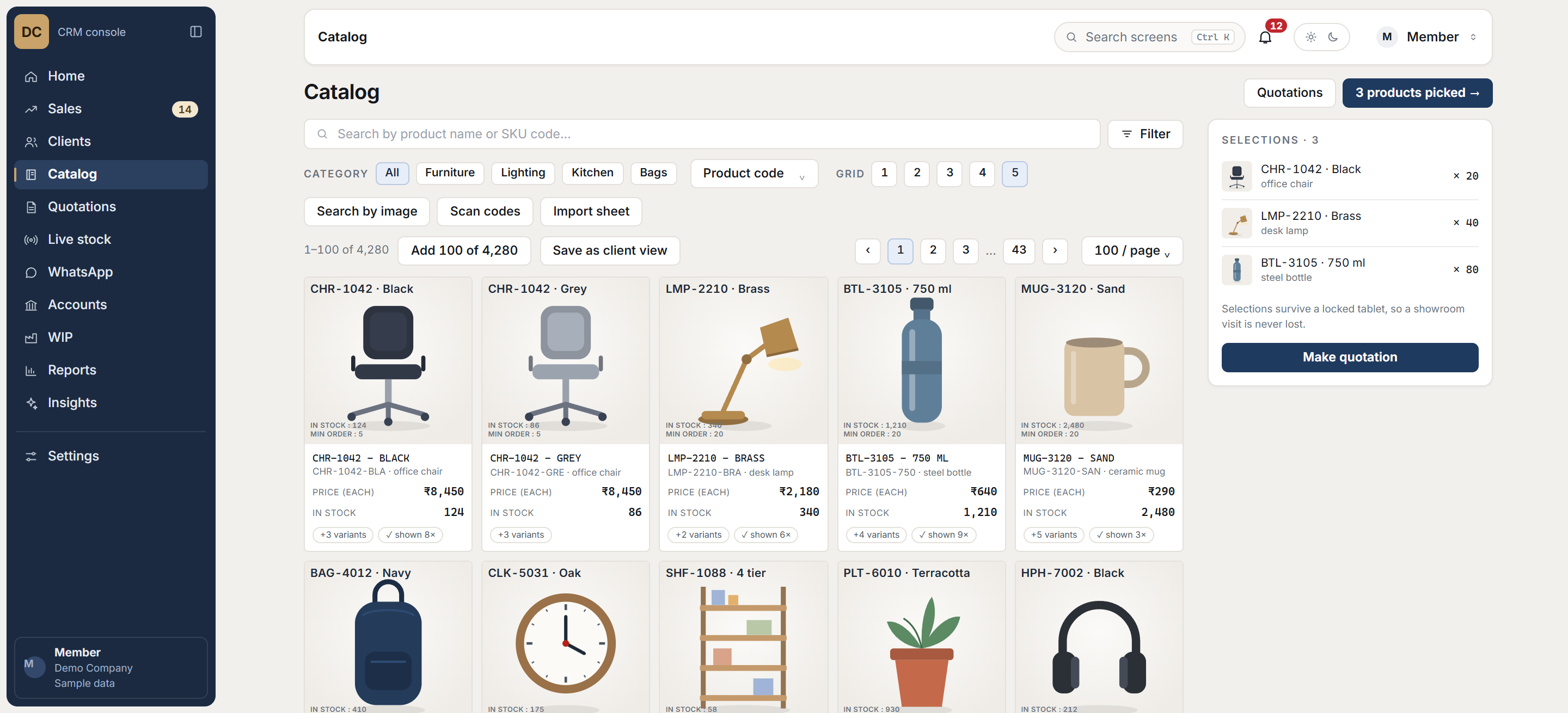 CRM catalogue grid of illustrated sample products with price and stock, search by image and category filters.