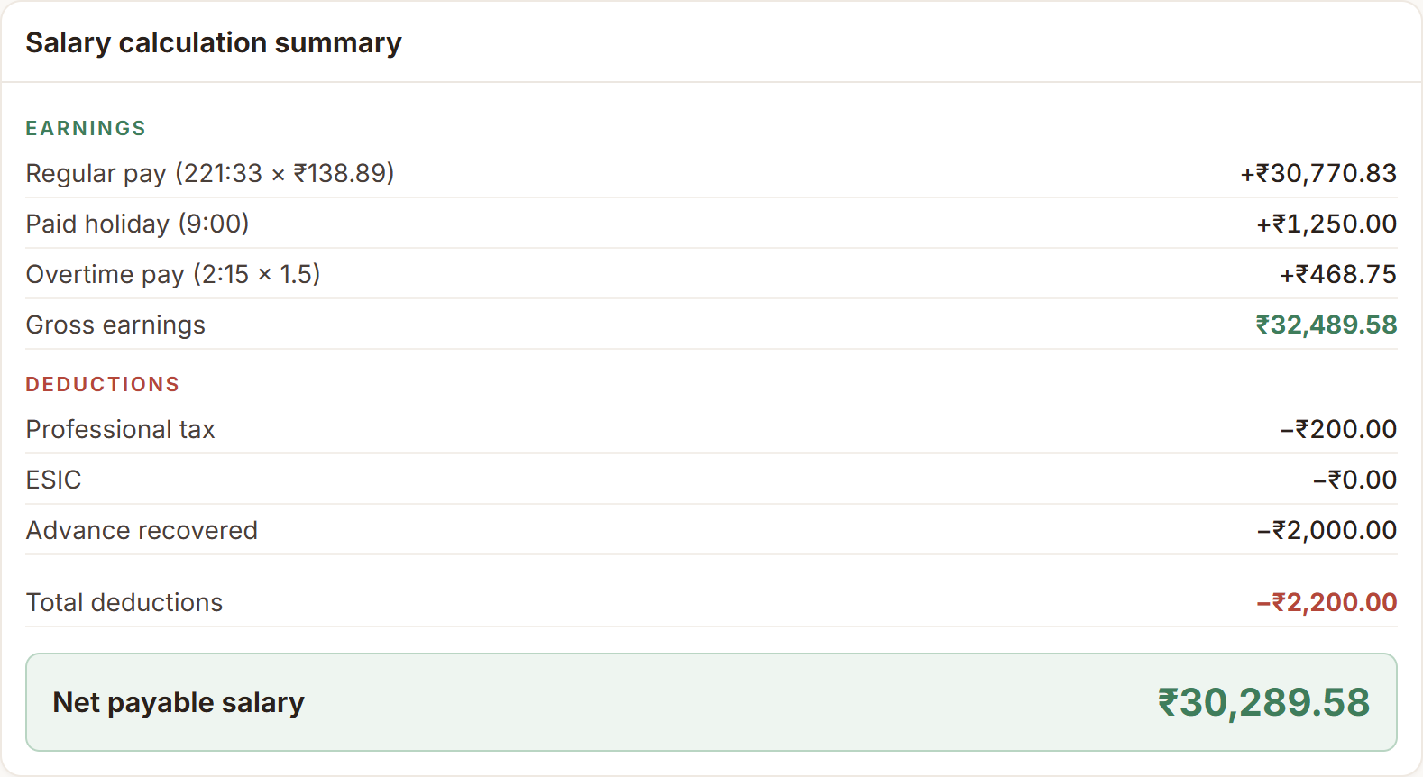 A salary calculation summary from AurumOne, sample data: earnings, deductions and net payable salary.