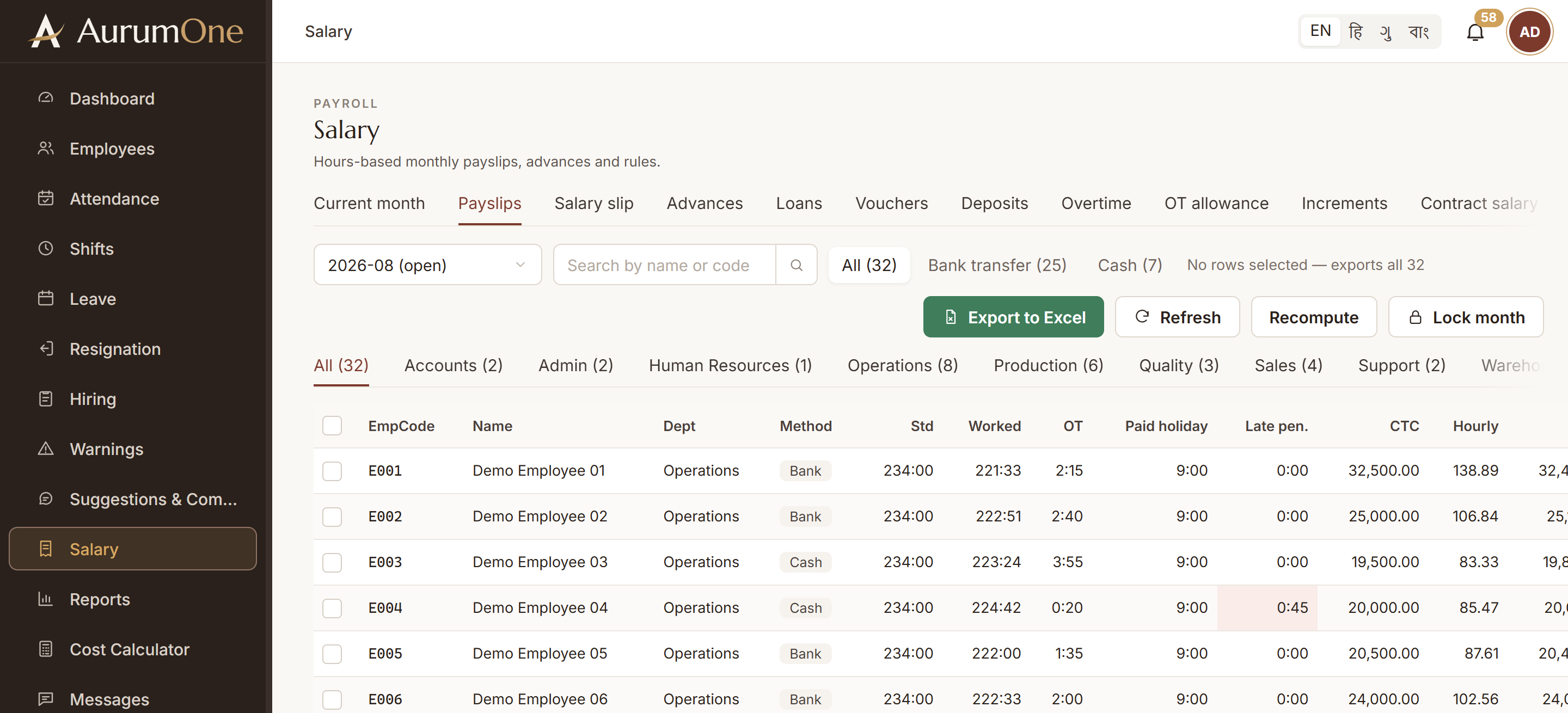 AurumOne payslip table with sample data: worked hours, overtime, gross pay, deductions and net pay per employee.