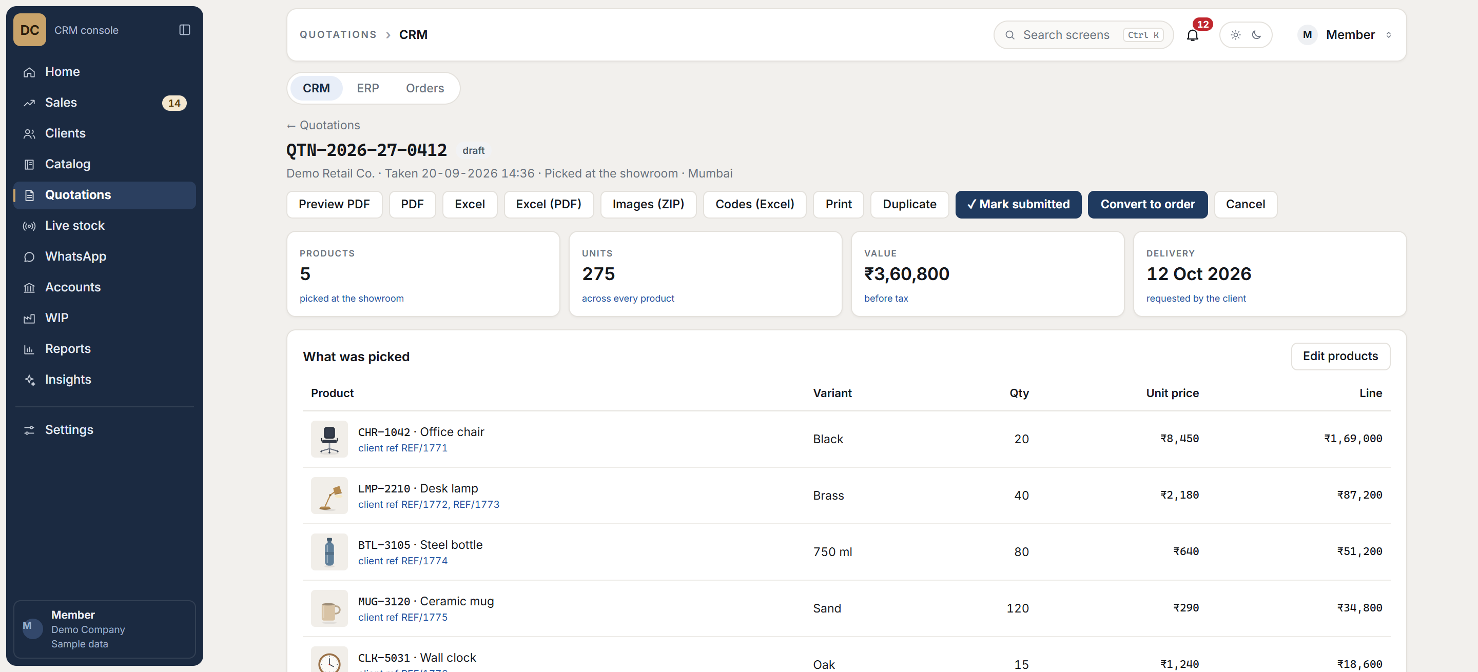 CRM quotation with sample data: priced lines, export options and a convert-to-order action.