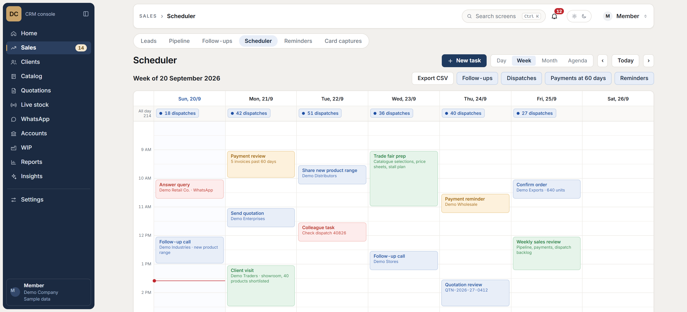 CRM weekly scheduler with sample data, showing dispatch counts per day and scheduled tasks.