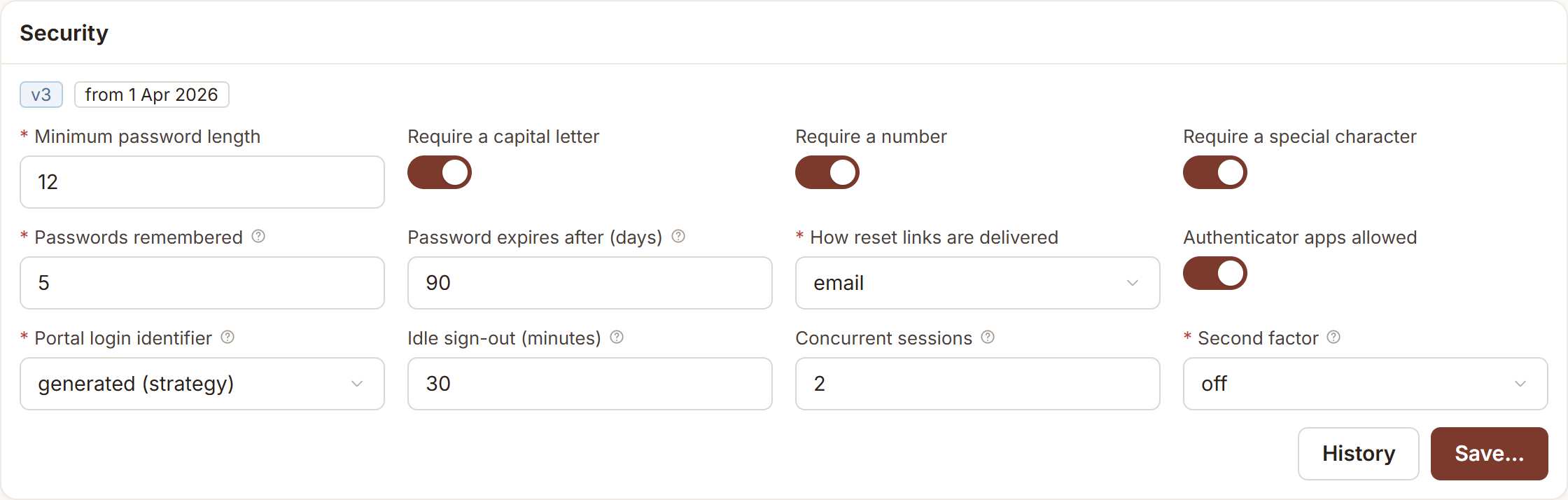 AurumOne security policy settings: minimum password length, character rules, authenticator apps and second factor.
